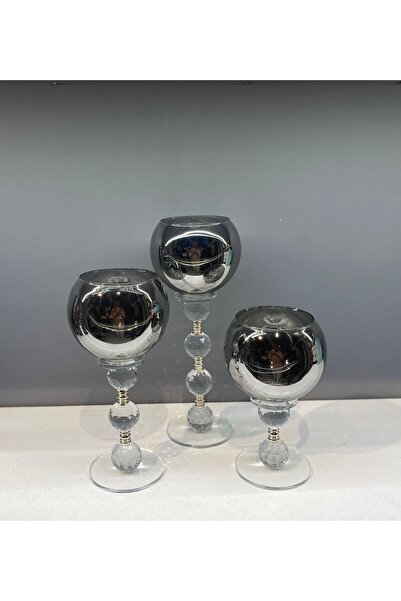 Peramari Şık Füme Kristal Cam Üçlü Top Şamdan, Dekoratif ve Zarif Tasarım