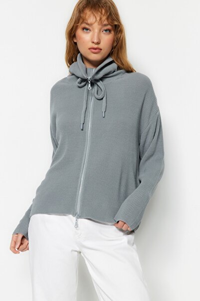 Trendyol Collection Šedý pletený cardigan s širokým střihem a detailem na zip - Twoaw23Hi00189