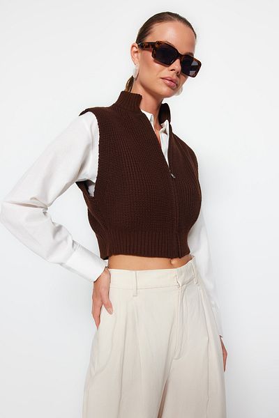 Trendyol Collection Елек от базов трикотаж - кафяв, с цип TWOAW23HI0015