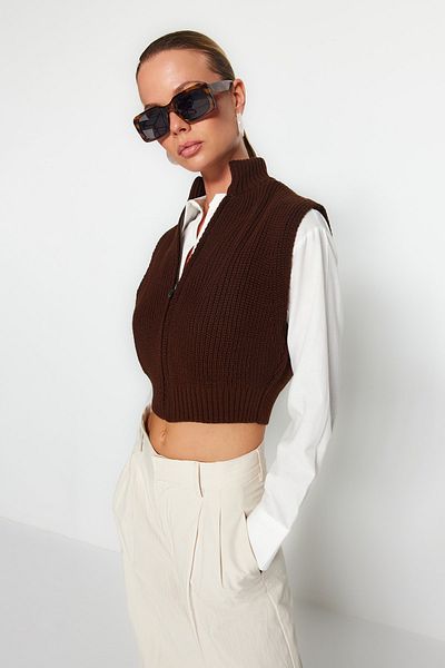 Trendyol Collection Елек от базов трикотаж - кафяв, с цип TWOAW23HI0015