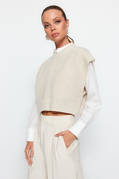 Trendyol Collection Stone Color Crop Crew Svetr s výstřihem - TWOAW24SV00005