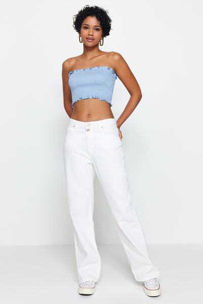 Trendyol Collection Ανοιχτό μπλε στράπλες Gipeli εφαρμοστή ελαστική πλεκτή μπλούζα TWOSS23BZ01011