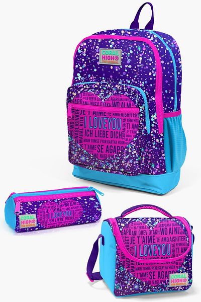 Coral High Set de 3 genți de școală pentru copii, violet, albastru, roz, cu model de inimă SET0123740