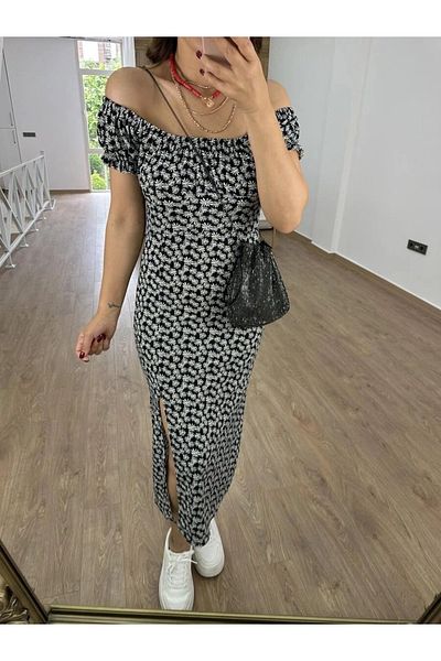 HBS Tiny Flower Patterned Twist Fabric Madonna Collar Dress