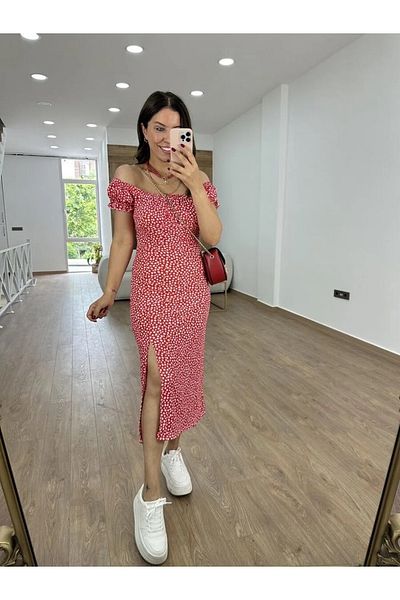 HBS Tiny Flower Patterned Twist Fabric Madonna Collar Dress