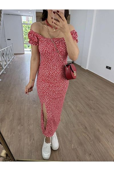 HBS Tiny Flower Patterned Twist Fabric Madonna Collar Dress