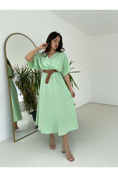 Elif Özbey Butik Μέντα Πράσινο Διπλό Φόρεμα με Ζώνη