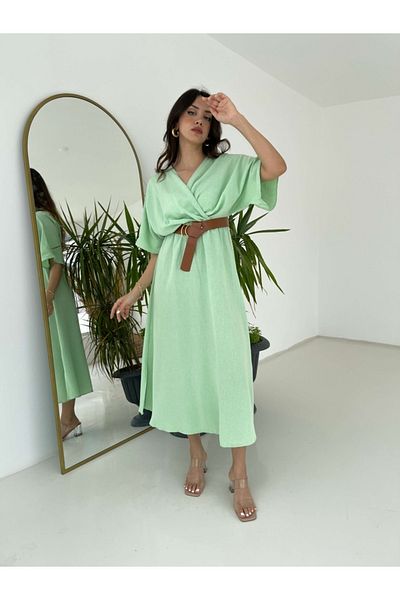 Elif Özbey Butik Μέντα Πράσινο Διπλό Φόρεμα με Ζώνη