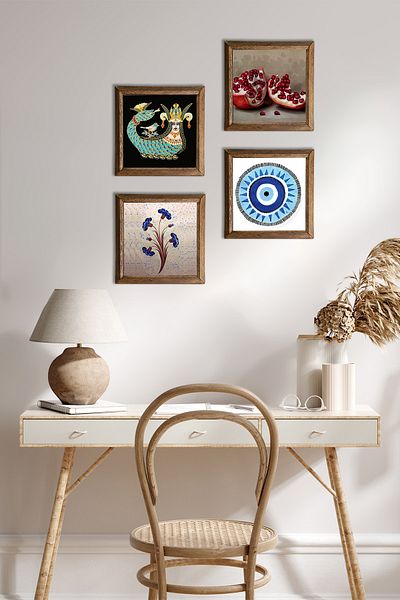 Pinecone Evil Eye, Marbling Art, Shahmeran, Pomegranate Stone Wall Painting Wooden Framed Wall Decor 4 Piece Painting Set
