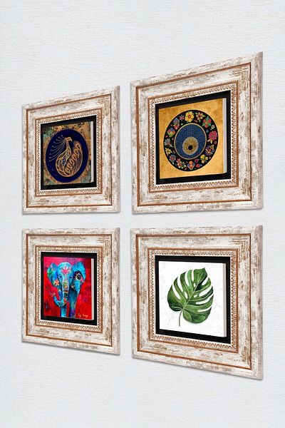 Pinecone Elefant, Frunză, Păun, Piatră de rău Pictură murală înrămată Decor de perete 4 bucăți Set de pictură Tk4-323