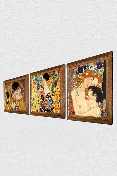 Pinecone Gustav Klimt Woman with a Fan, Mother Child, Kiss Stone Wall Painting with Wooden Frame Wall Decor