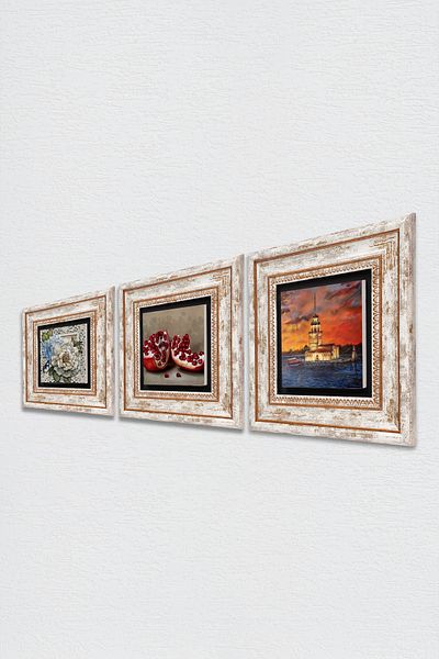 Pinecone Istanbul Maiden's Tower, Butterfly Flower, Pomegranate Stone Wall Painting Framed Wall Decor Set of 3 Tk3-1143