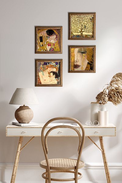 Pinecone Gustav Klimt Golden Tears, Mother Child, Kiss, Tree of Life Stone Painting Framed Wall Decor