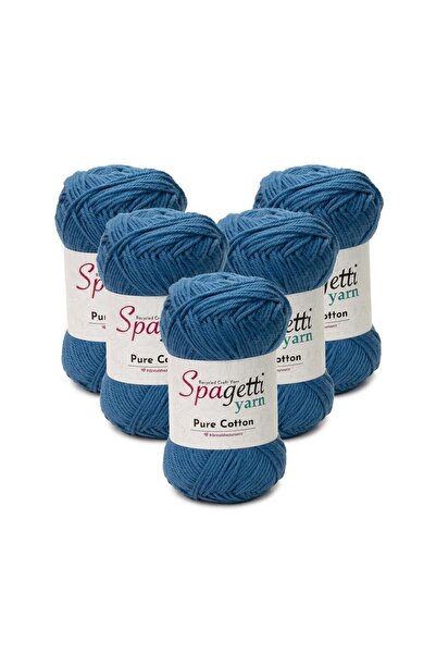 Spagettiyarn قطن نقي 5 قطع من خيوط الحياكة اليدوية باللون الأزرق من قماش الدنيم