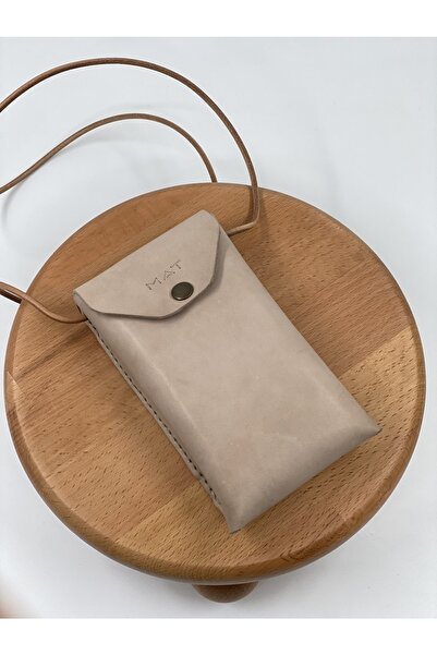 MAT Deri Women's Minimal Phone Bag with Strap Beige Natural Genuine Leather T...