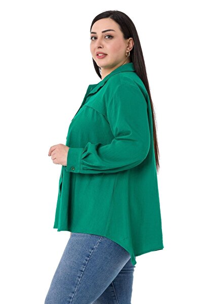 DISENTIS MODEST Μεγάλο μέγεθος στήθος λεπτομερές μανίκι και πίσω πλισέ πράσινο πουκάμισο