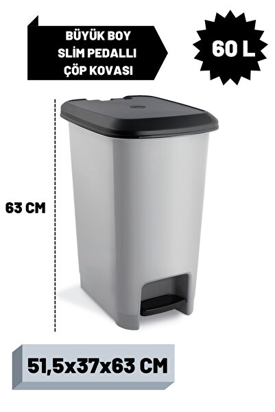 Melkan Home Slim Pedallı Çöp Kovası 60 Litre & Büyük Boy Pedallı Çöp Kovası Gri