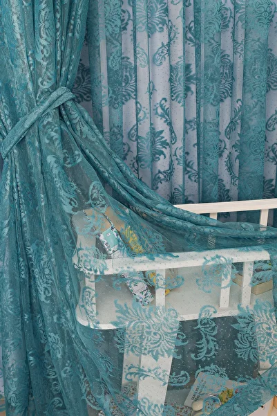 Ta-Ha Perde ve Halı Damaks Ottoman Pattern Petrol Blue-Turquoise Knitted Inner Tulle and Background Complete Set Close Pleated Tulle Curtain