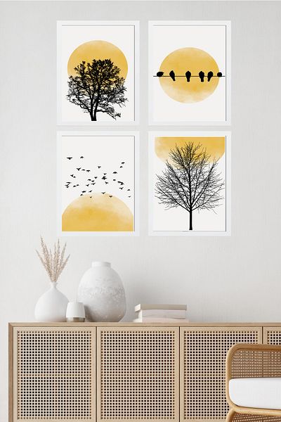 MUNİKA Set de picturi din 4 piese cu cadru din lemn, peisaj abstract, galben