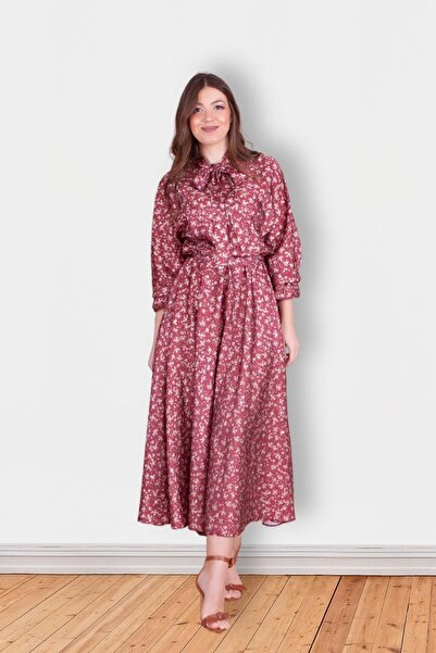 Bidoluelbise Kadın Çiçek Desenli Yarasa Kol Saten Tesettür Abiye Elbise