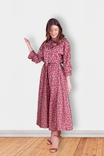 Bidoluelbise Kadın Çiçek Desenli Yarasa Kol Saten Tesettür Abiye Elbise