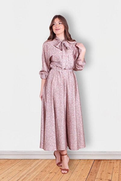 Bidoluelbise Γυναικείο βραδινό φόρεμα χιτζάμπ από σατέν μανίκι με λουλούδια