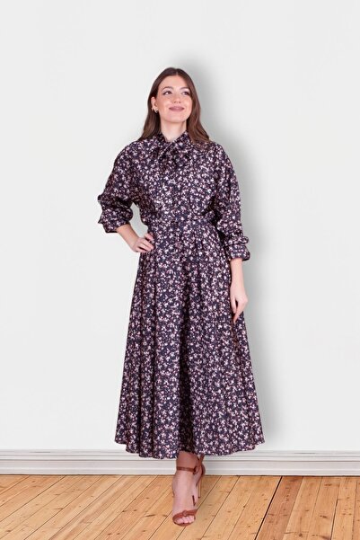 Bidoluelbise Kadın Çiçek Desenli Yarasa Kol Saten Tesettür Abiye Elbise