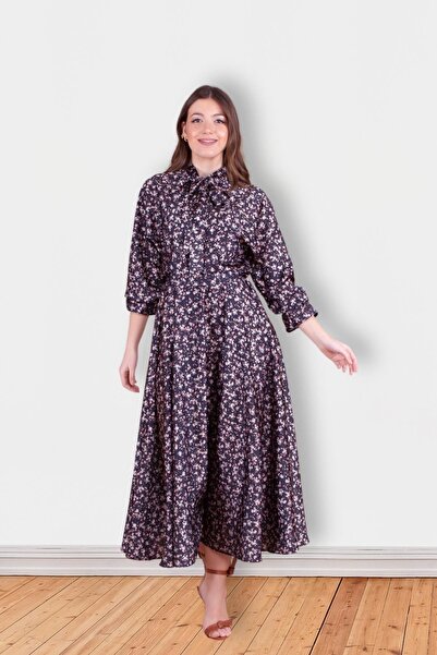 Bidoluelbise Kadın Çiçek Desenli Yarasa Kol Saten Tesettür Abiye Elbise