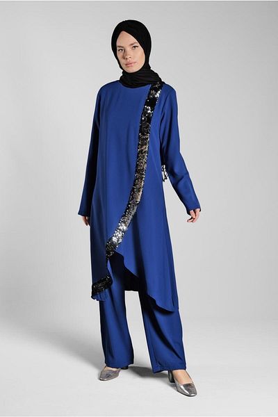 TRENDTESETTÜR Γυναικεία Navy Blue (INDIGO) Sequin Λεπτομερής Ασύμμετρη Σετ 2 τεμαχίων 5647