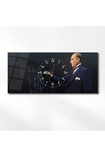 marpanya Atatürk Ve Harf Devrimi Yatay Ortadan Saatli Vatan Temalı Cam Tablo 058