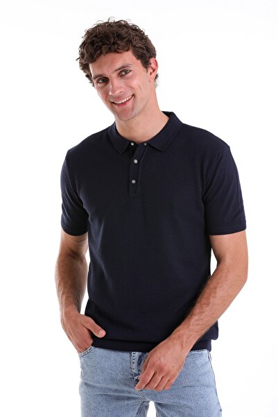 Hatemoğlu Navy Blue Regular Fit Jacquard Cotton Polo Collar Knitwear T-Shirt