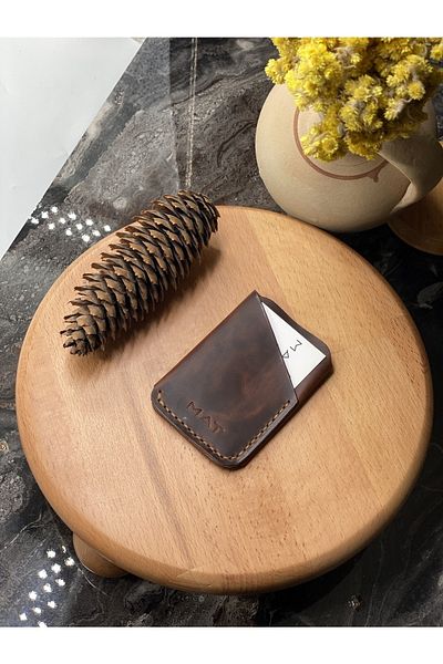 MAT Deri Genuine Leather Card Holder Handmade Crazy Leather Card Holder with Special Effects Dark Tan