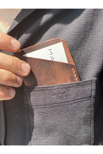 MAT Deri Genuine Leather Card Holder Handmade Crazy Leather Card Holder with Special Effects Dark Tan