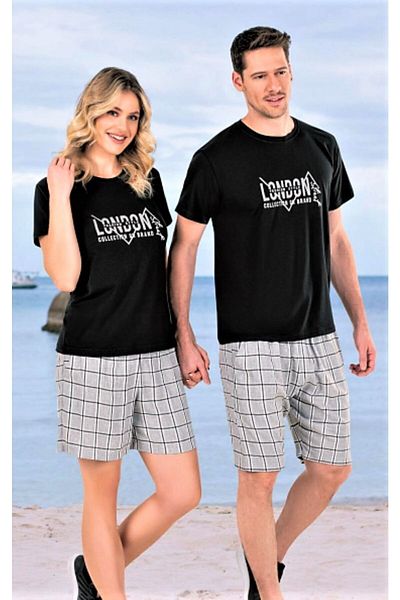 DOWRY Set pantaloni scurți pentru damă în carouri cu mânecă scurtă ZEN NEGRU