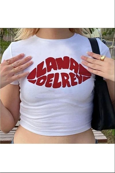 Gofeel Lana Del Rey Text Detailed Lips Patterned White Color Printed Blouse Crop Women