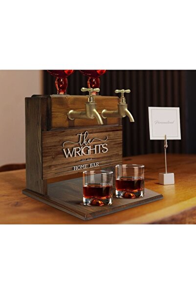 Bk Gift Kişiye Özel Kabartma İsimli Çift Musluklu Doğal Ahşap Viski Standı, İçki Standı, Doğum Günü