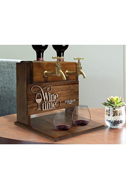 Bk Gift Kişiye Özel Kabartma İsimli Çift Musluklu Doğal Ahşap Şarap Standı, İ...