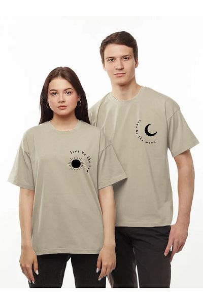 Pear Wear Μπλουζάκι με στάμπα Moon Sun Lover Couple Team Moon Sun Μαύρο και άσπρο υπερμεγέθη ζευγάρι μπλουζάκι