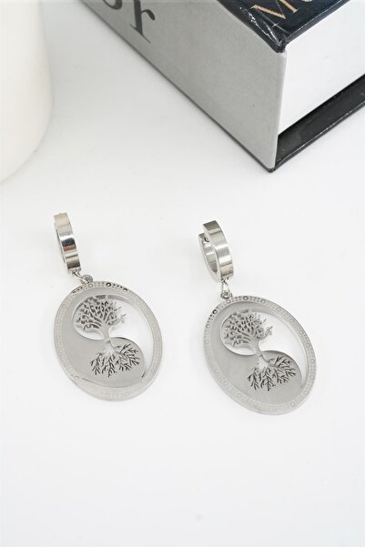 By Zeyna Aksesuar Kadın 316 L Paslanmaz Çelik Hayat Ağacı ve Gölgesi Küpe