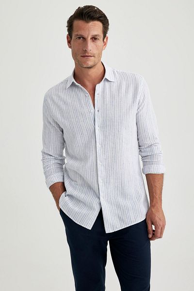 DeFacto Modern Fit Polo Collar Linen Blended Long Sleeve Shirt A9167ax23hs