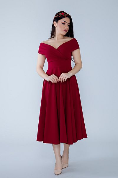 Bidoluelbise Women's Boat Neck Flared Midi Length Woven Draped Dress Fabric Evening Dress and Graduation Dress