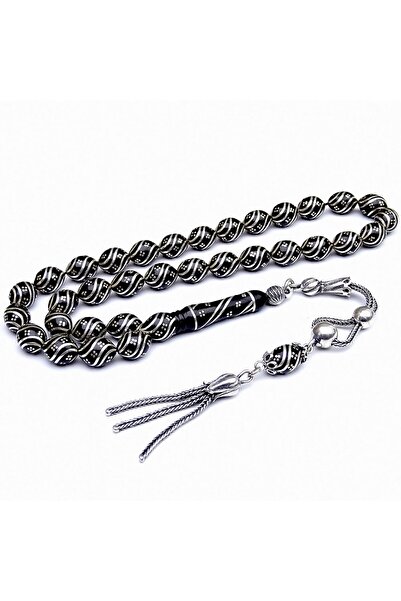 TAŞHAN 925 Ayar Gümüş Çeşm-i Bülbül Işlemeli Erzurum Oltu Taşı Tesbih