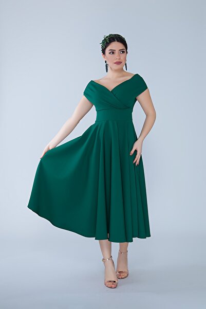 Bidoluelbise Kadın Kayık Yaka Kloş Midi Boy Dokuma Dökümlü Elbiselik Kumaş Abiye ve Mezuniyet Elbisesi