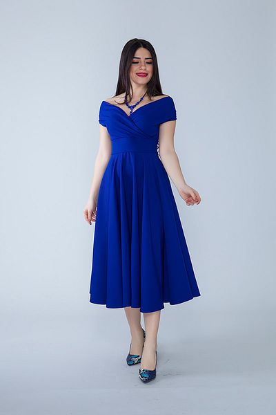 Bidoluelbise Women's Boat Neck Flared Midi Length Woven Draped Dress Fabric Evening Dress and Graduation Dress