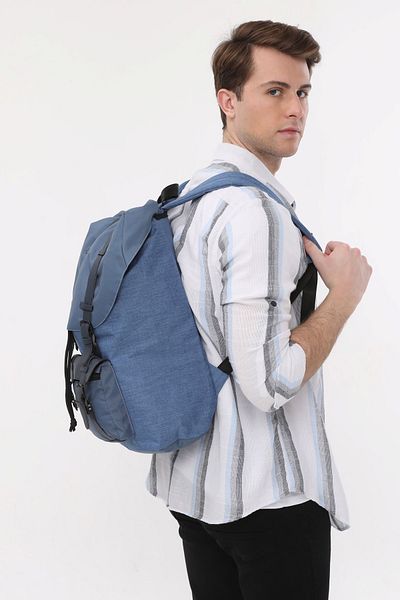 ICONE BAG Icone Men's Large Size Belted Covered Textured Fabric Backpack Navy Blue