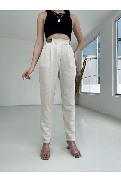 Elif Özbey Butik Linen Trousers with Stone Back Elastics