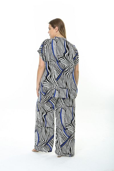 XL Modam WOMEN'S LARGE SIZE LINEN FABRIC BLACK WHITE BLUE PATTERNED SHIRT PANT SET