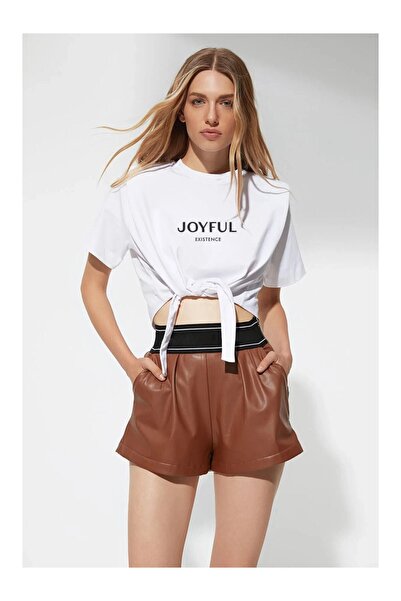 Buklemoda Sloganlı Bel Detay Örme T-Shirt
