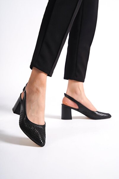 Modabuymus Mariana Genuine Leather Black Stiletto Thick Heeled Shoes