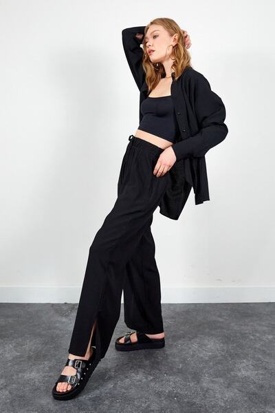 AS Anita Store Large Size Linen Wide Leg Wide Leg Slit Detailed Trousers